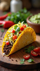Isolated crispy golden-brown taco with seasoned beef, fresh toppings, and melted cheese on transparent background, perfect for food ads, menus, blogs, and social media    keywords:   taco, crispy, 