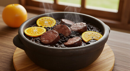 Authentic Brazilian feijoada simmered in clay pot with orange slice accompaniment