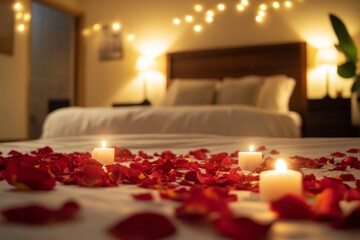 Soft lighting and candles illuminate a cozy bedroom adorned with rose petals, creating an inviting atmosphere for romance Generative AI