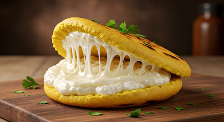Deliciously cheesy Colombian arepa with fresh parsley garnish on wooden board
