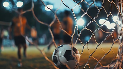 A soccer ball caught in the net at a sports field during a nighttime match with players blurred in action, highlighting the excitement and competition of the game