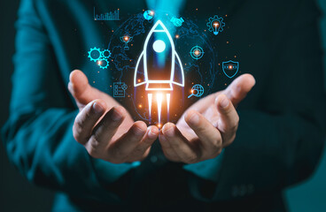 Startup business concept: a rocket is launching into space, just like for growing businesses and...