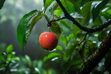 Obraz premium A solitary red apple clings to a tree branch, glistening with raindrops, surrounded by vibrant green leaves in an orchard Generative AI
