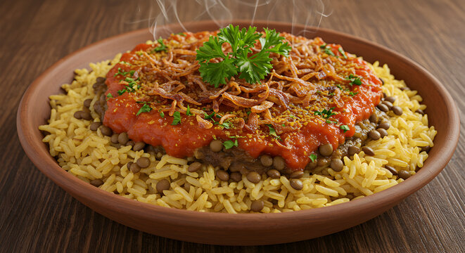 Traditional egyptian koshari featuring rice lentils and a rich tomato sauce