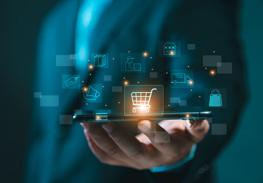 Digital marketing and financial. Pressing on cart while online shopping. Marketing suppliers offer discounts, free shipping, and delivery 24 hours a day. Marketplace platform digital marketing.
