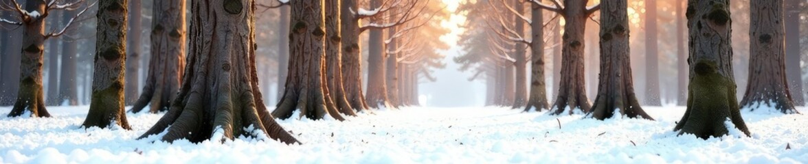 Thick and sturdy tree trunks with bare branches on a white surface, tree trunks, woodland, brown