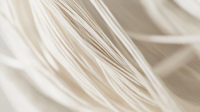 Abstract composition of elegant white threads creating a flowing and delicate texture, Background  suggestive of softness and intricate patterns.
