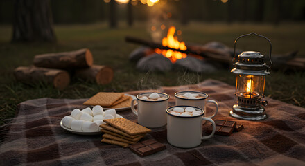 Cozy Camping Scene with S'mores and Hot Cocoa by Campfire at Dusk