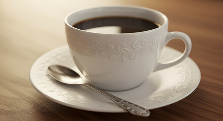 Elegant coffee break, showcasing a ceramic cup on a saucer with a silver spoon