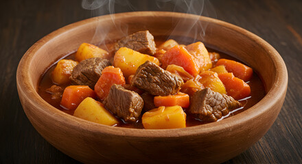Authentic Hungarian goulash steaming in a wooden bowl, rustic culinary delight