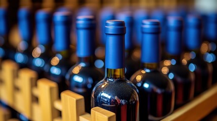 Elegant Wine Bottles in Wooden Rack with Blue Caps for Upscale Events