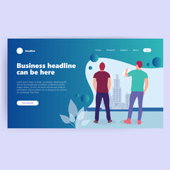 Business headline can be here.  Two people look out at a city skyline