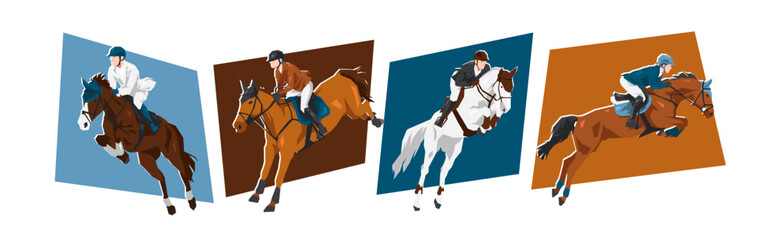Horse and male jockey characters with action, different poses. Show jumping, equestrian sport. Cartoon flat vector illustration.