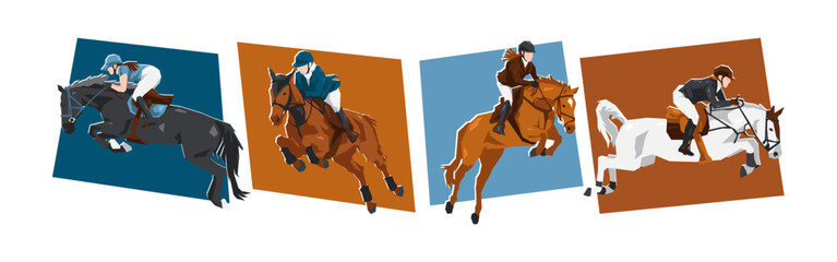 Horse and female jockey characters with action, different poses. Show jumping, equestrian sport. Cartoon flat vector illustration.