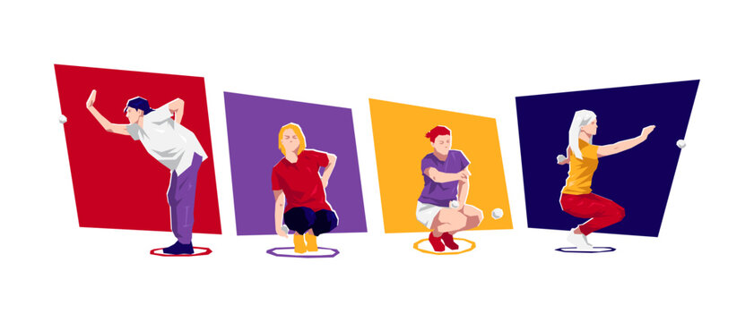 Female petanque player characters set. Flat cartoon vector illustration.