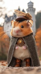A cute little hamster dressed in a cape and hat stands near a castle, like a fairy tale character.