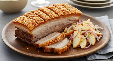 Artisanal crispy pork belly served with vibrant apple slaw, gourmet presentation