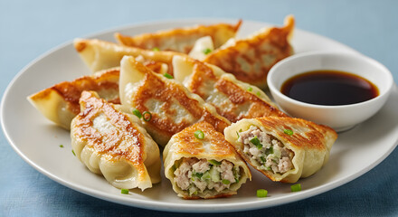 Delectable crispy pork gyoza served with flavorful vinegar dipping sauce ready to eat