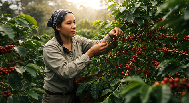 Focused female farmer harvesting ripe coffee beans in a vibrant plantation