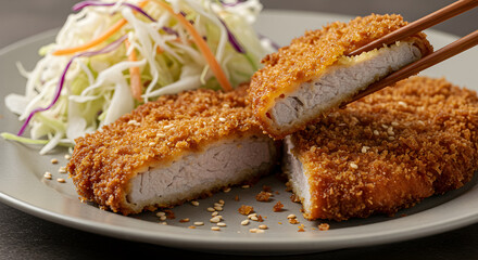 Delicious crispy pork tonkatsu served with fresh cabbage slaw and sesame seeds