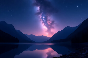 breathtaking meteor shower over a tranquil mountain landscape, with vibrant streaks of light in the night sky and a serene reflective lake below