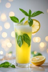 Fototapeta premium Refreshing Lemonade with Basil and Lemon Slice Against Bokeh Backdrop