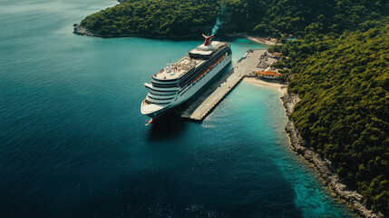 Obraz premium A cruise ship is docking at an exotic island destination, and passengers are ready to disembark and explore the beautiful beach.