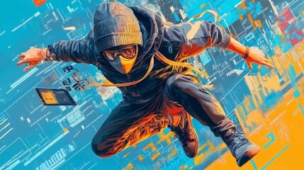 A cybersecurity expert skillfully navigates a vibrant digital landscape.