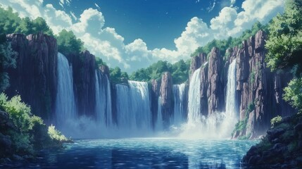 Fototapeta premium Serene Waterfall Paradise: A Digital Painting of a Majestic Waterfall cascading into a tranquil lake, surrounded by lush greenery and towering cliffs under a bright, sunny sky.