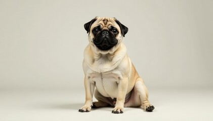 Obraz premium A solo pug, in a seated pose, is captured on a seamless white backdrop , studio, white, one