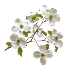 Elegant white dogwood flowers arranged on a natural branch with fresh green leaves showcasing delicate petals in a soft and serene composition