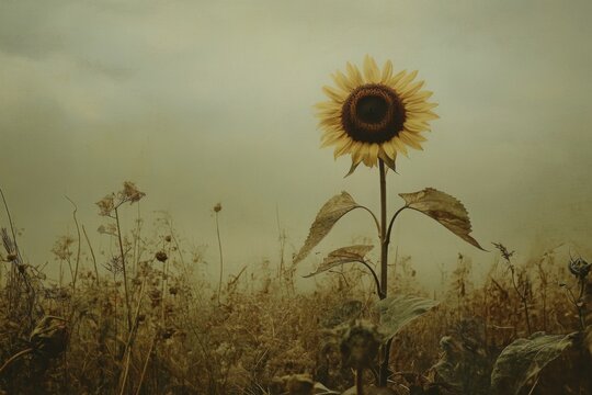 A vibrant sunflower rises above a field of dried plants, contrasting against a muted sky at dusk, showcasing nature's resilience Generative AI