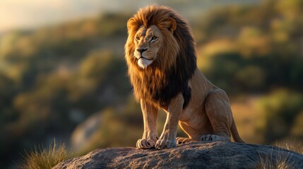 Fototapeta premium Strong and confident lion on a hill