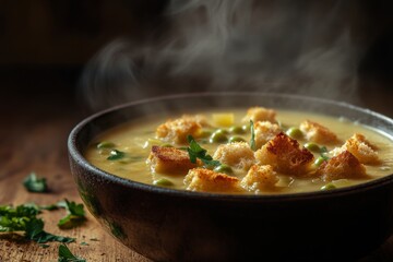 A steaming bowl of soup with green peas and crispy bread pieces is set on a wooden table, offering a cozy dining experience Generative AI