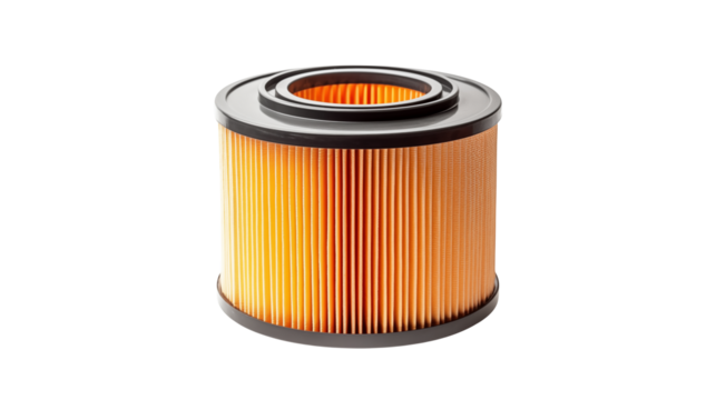 Close up of a new cylindrical air filter on a transparent surface