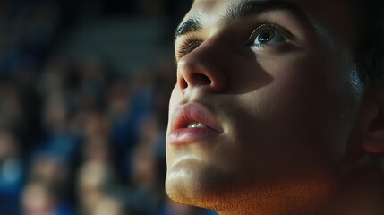 Close-up shot of a young male basketball player with a focused expression, glistening with sweat, gazing upwards in an arena filled with blurred spectators, highlighting determination and intensity