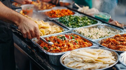 Delicious Food Buffet Catering Event A person serves tasty Mexican style food from aluminum trays Many dishes are prepared for a large group