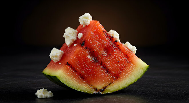 Elegant presentation of grilled watermelon wedge adorned with feta cheese crumbles