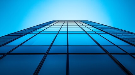 Obraz premium Looking up at tall blue glass building against bright sky