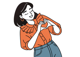Southeast Asian woman with straight black hair in orange ruffled blouse and jeans, smiling sweetly while making a heart shape with hands against a plain white studio background