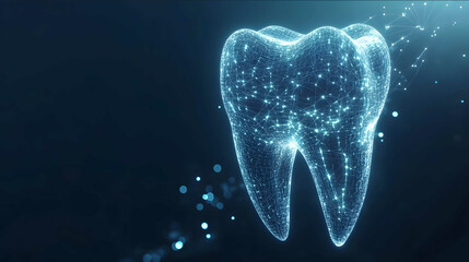 A glowing holographic tooth model suspended in a dark blue gradient background The tooth is formed by a transparent wireframe structure filled with shimmering