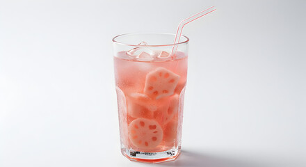 Refreshing cold lotus root beverage with ice cubes in a glass on white background