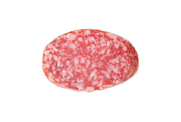 Piece of delicious smoked sausage isolated on white