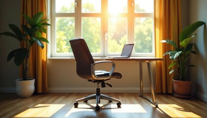 Empty chair at desk, laptop open, sunlit room, chair, connection, quiet