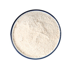 Brown rice flour in bowl isolated on white, top view