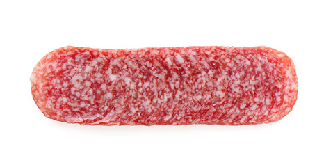 Slices of tasty smoked sausage on white background, top view