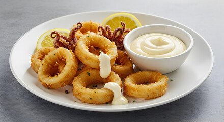 Delicious crispy fried calamari rings served with zesty lemon aioli dip