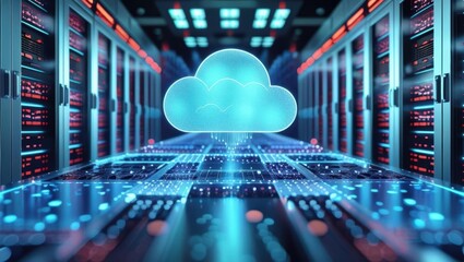 Futuristic Server Room Showcasing Modern Digital Technology With Glowing Cloud Icon, Representing Hybrid Cloud Network And Serverless Architecture.