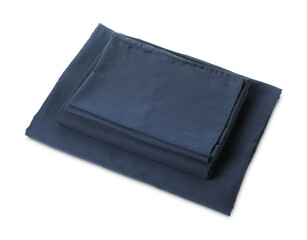 Stack of silky bed linens on white background