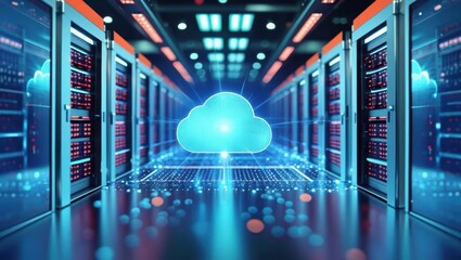 Futuristic Server Room Showcasing Modern Digital Technology With Glowing Cloud Icon, Representing Hybrid Cloud Network And Serverless Architecture.